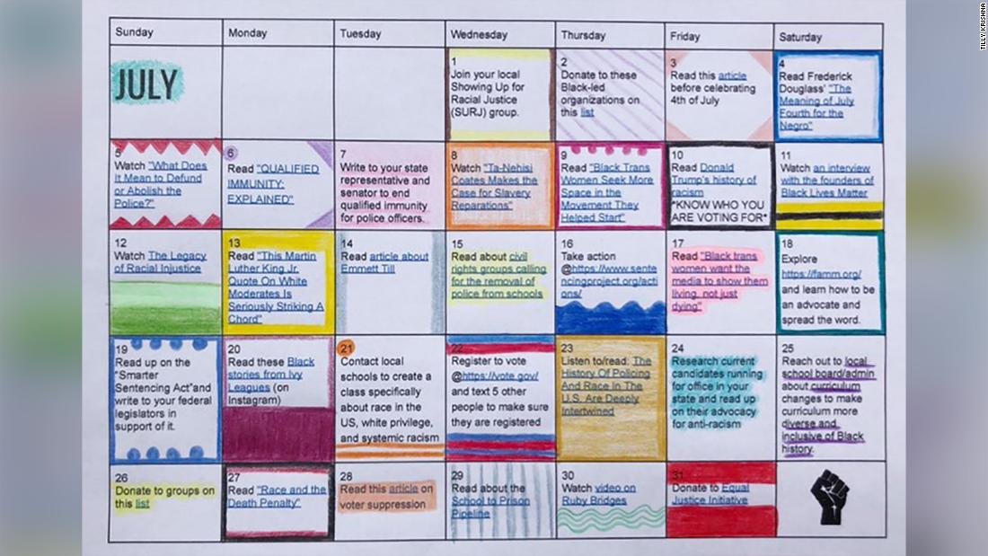 The teenager's calendar includes articles, documentaries, and ways to take action against social injustice.