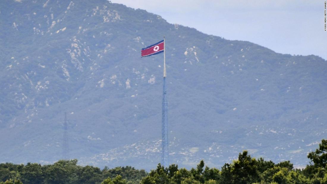 Photo taken July 14, 2020, from Paju, a South Korean city just south of the truce village of Panmunjeom, shows a North Korean flag.