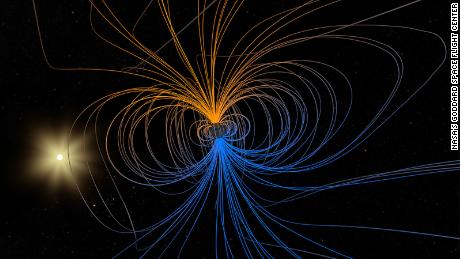 Esta visualización estereoscópica de la NASA muestra un modelo del campo magnético de la Tierra. 
